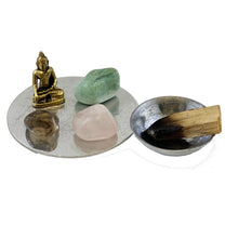 Load image into Gallery viewer, MINI/TRAVEL ALTAR COASTER WITH BUDDHA AND MEDITATION STONES - PEACE IS A STATE OF BEING no
